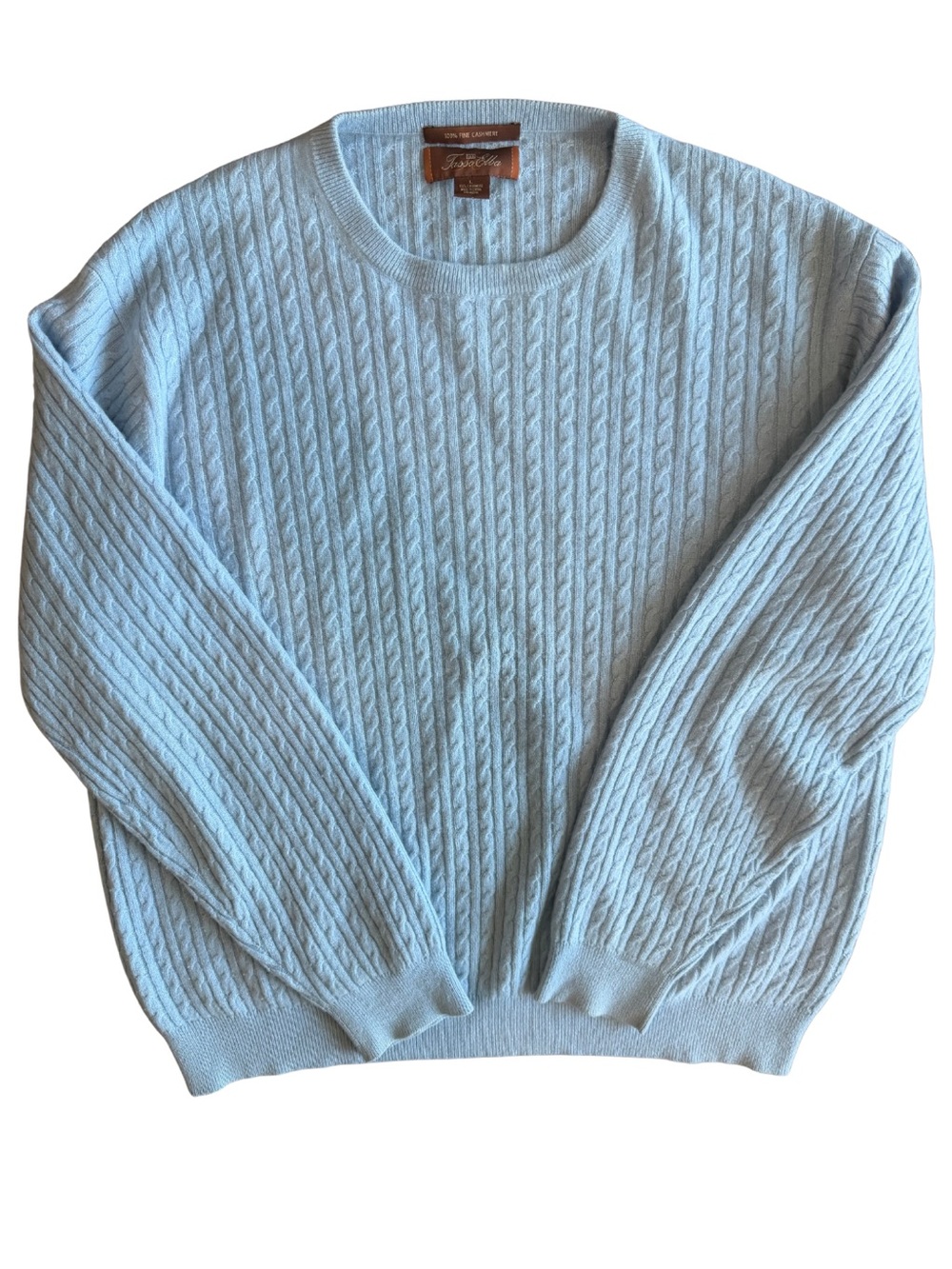 Tasso Elba 100% Cashmere Cable Knit Sweater Pale Blue Preppy Quiet Luxury Large